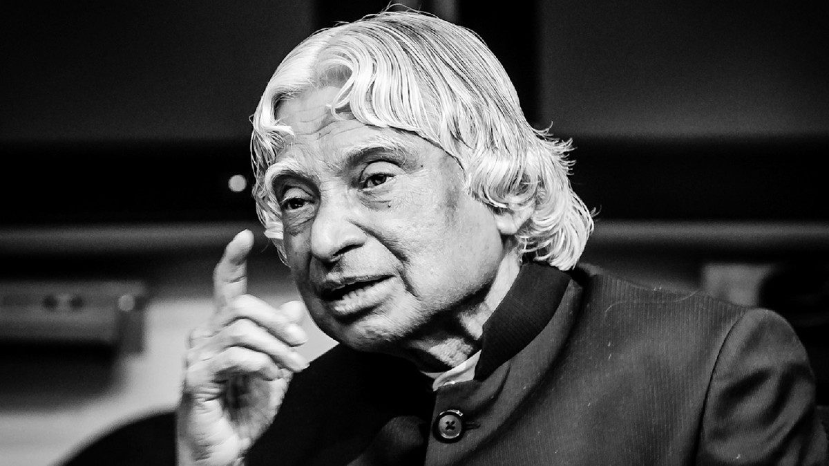 Black-and-white photo of A. P. J. Abdul Kalam speaking and raising a finger