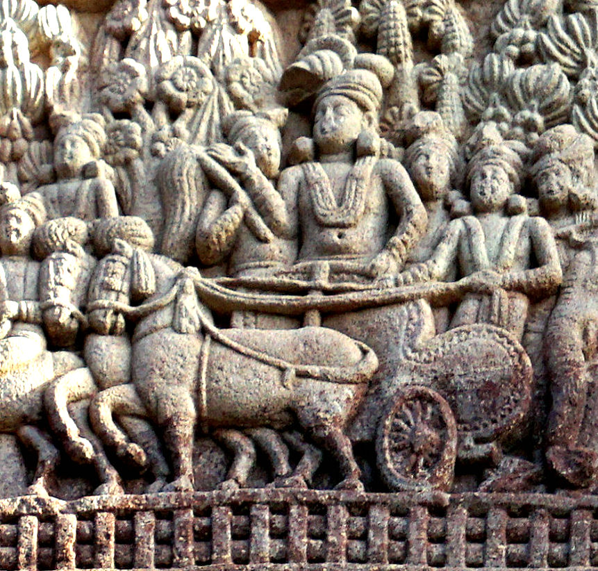 Ancient stone relief at Sanchi showing Emperor Ashoka in a chariot with attendants