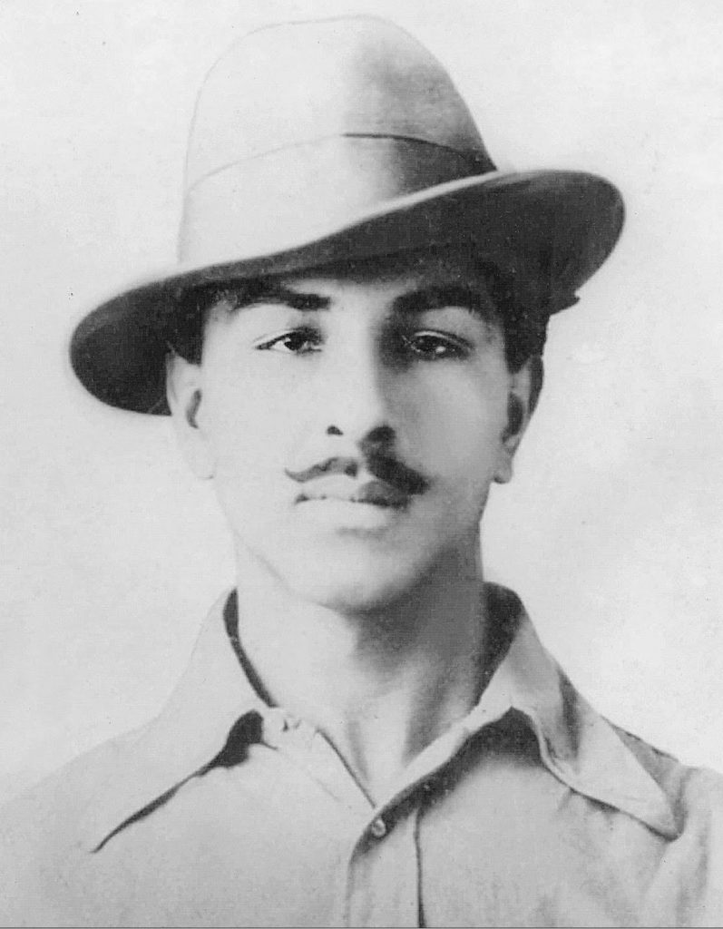 Black and white portrait of Bhagat Singh wearing a felt hat