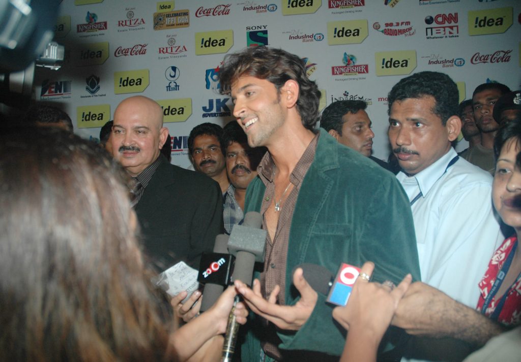 Hrithik Roshan with his father Rakesh Roshan speaking to the media at the International Film Festival of India in Goa