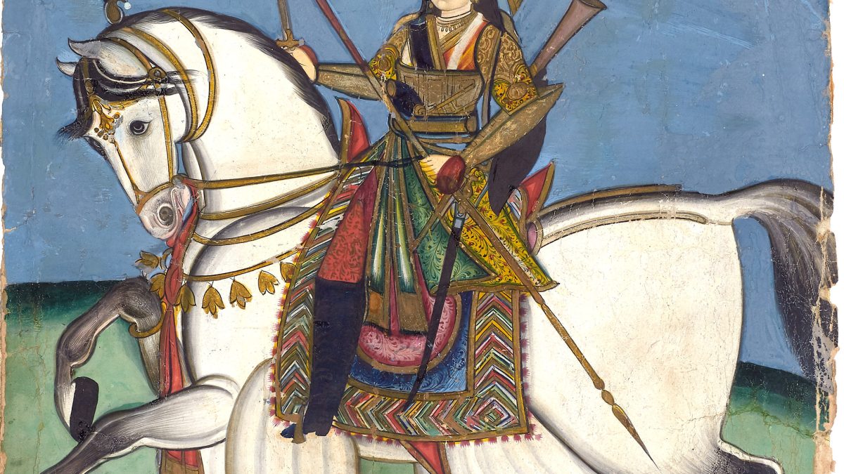 Painting of Rani Lakshmibai of Jhansi riding a white horse with weapons