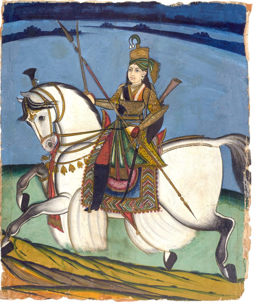 Painting of Rani Lakshmibai of Jhansi riding a white horse with weapons