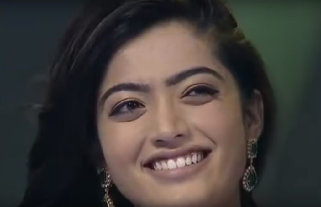 Rashmika Mandanna smiling at the audio launch of Geetha Govindam