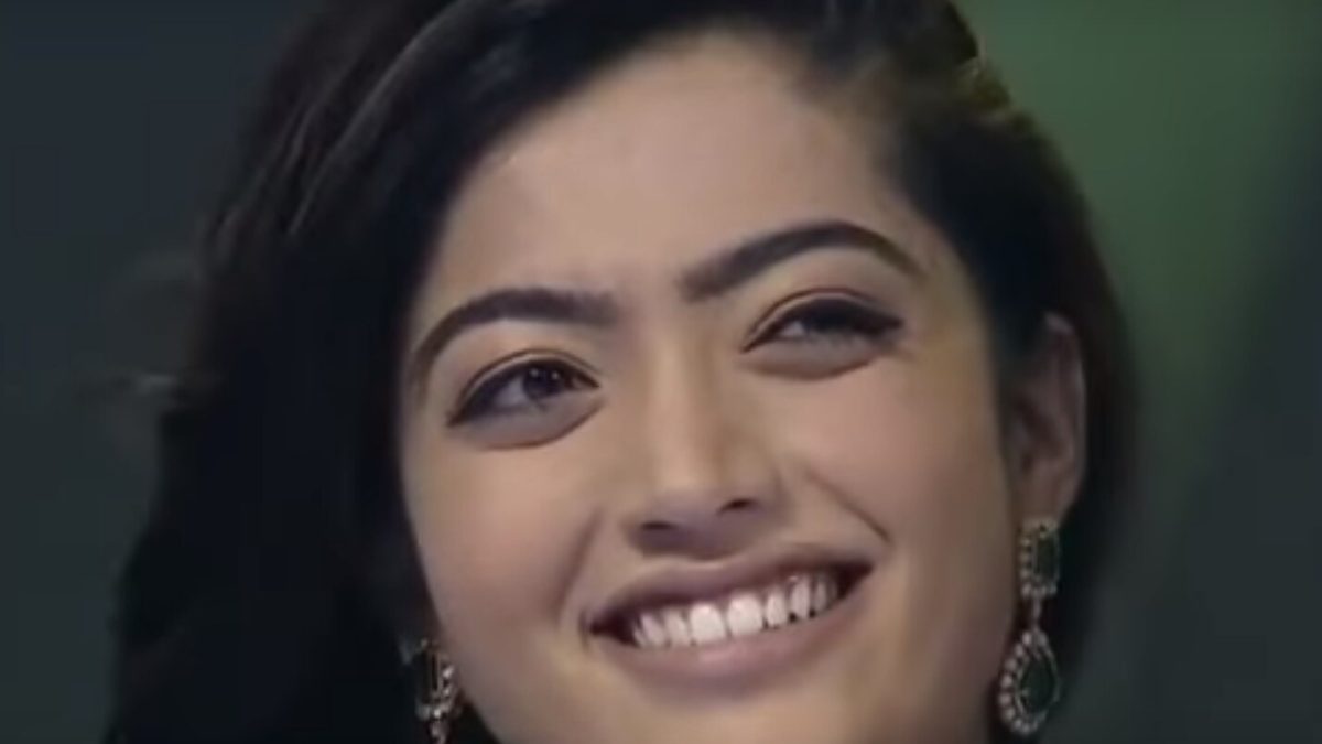 Rashmika Mandanna smiling at the audio launch of Geetha Govindam