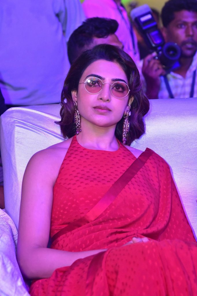 Samantha Ruth Prabhu in a red saree and round tinted glasses at the Kushi music concert