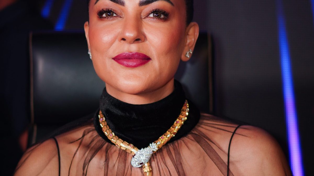 Sushmita Sen in a black outfit and statement necklace at Miss Universe India 2026