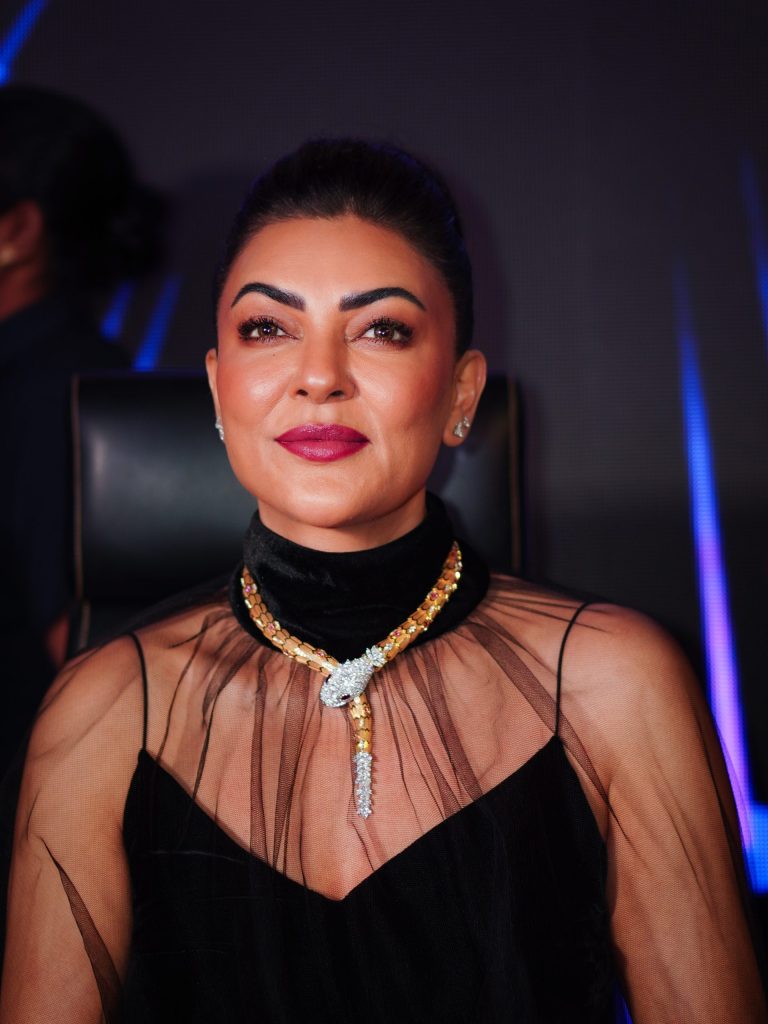 Sushmita Sen in a black outfit and statement necklace at Miss Universe India 2026