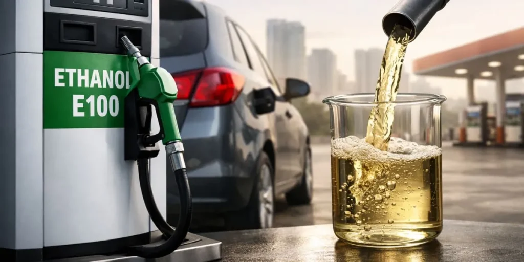 Ethanol fuel pump with E100 label and a beaker of ethanol