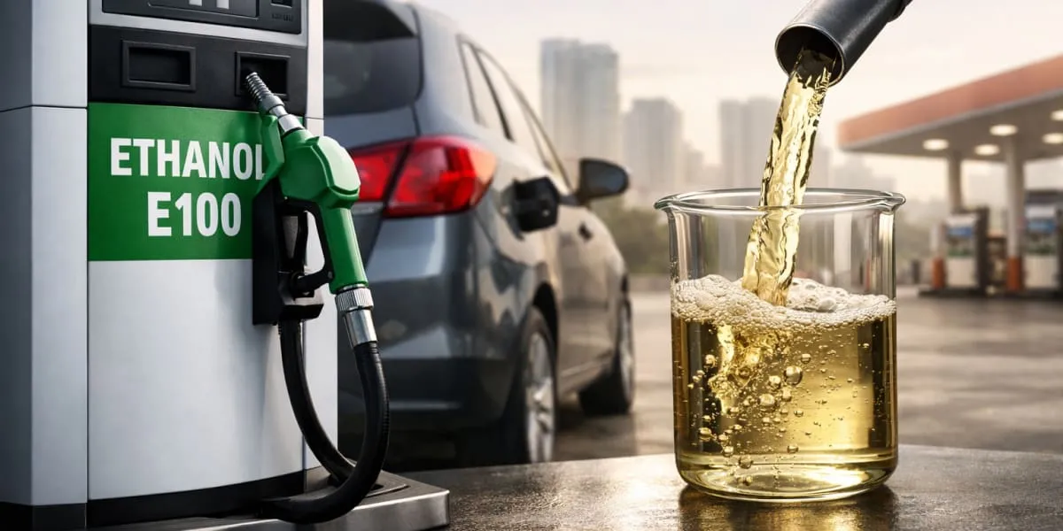 Ethanol fuel pump with E100 label and a beaker of ethanol