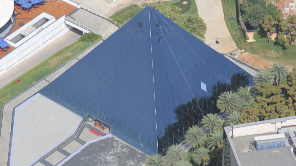 Aerial view of the Glass Pyramid building at the Infosys campus