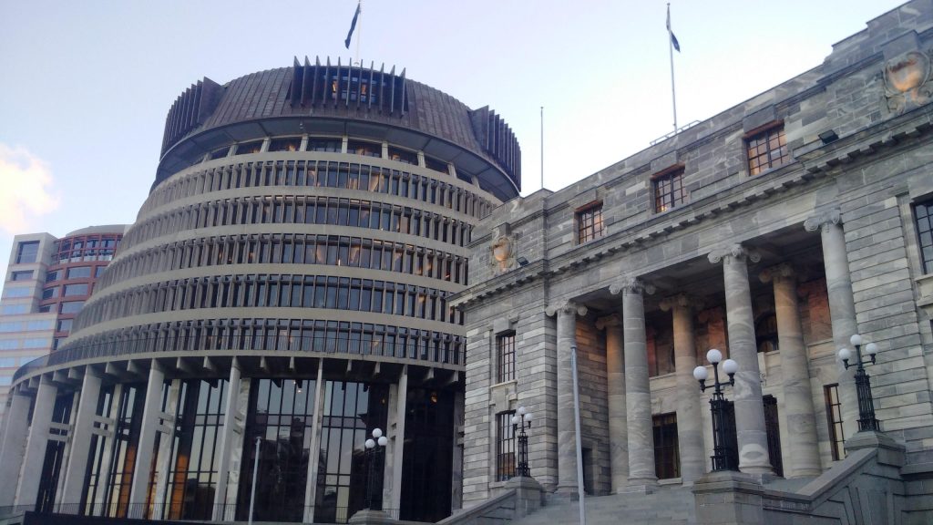 The Beehive and Parliament House in Wellington, New Zealand