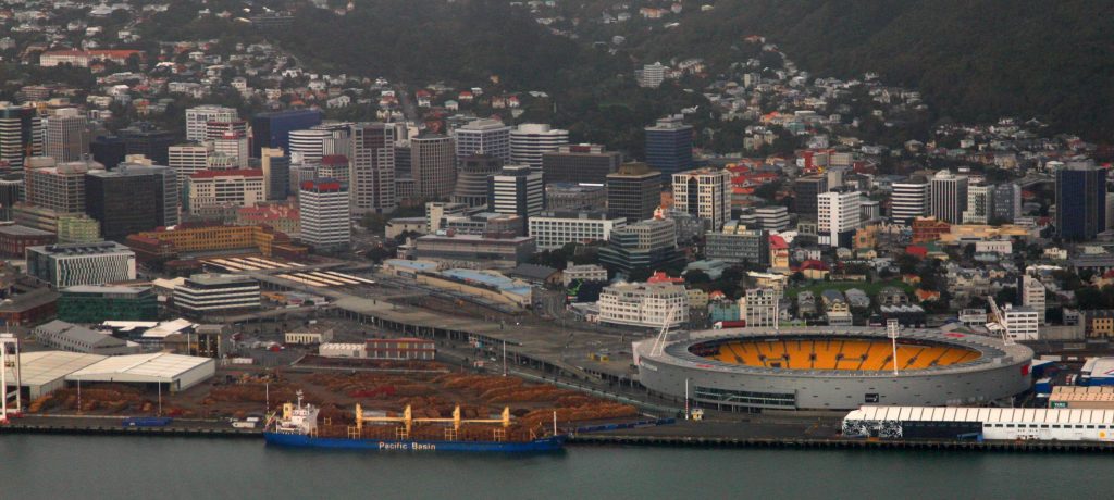 Wellington Regional Stadium, known as Sky Stadium, beside CentrePort in Wellington