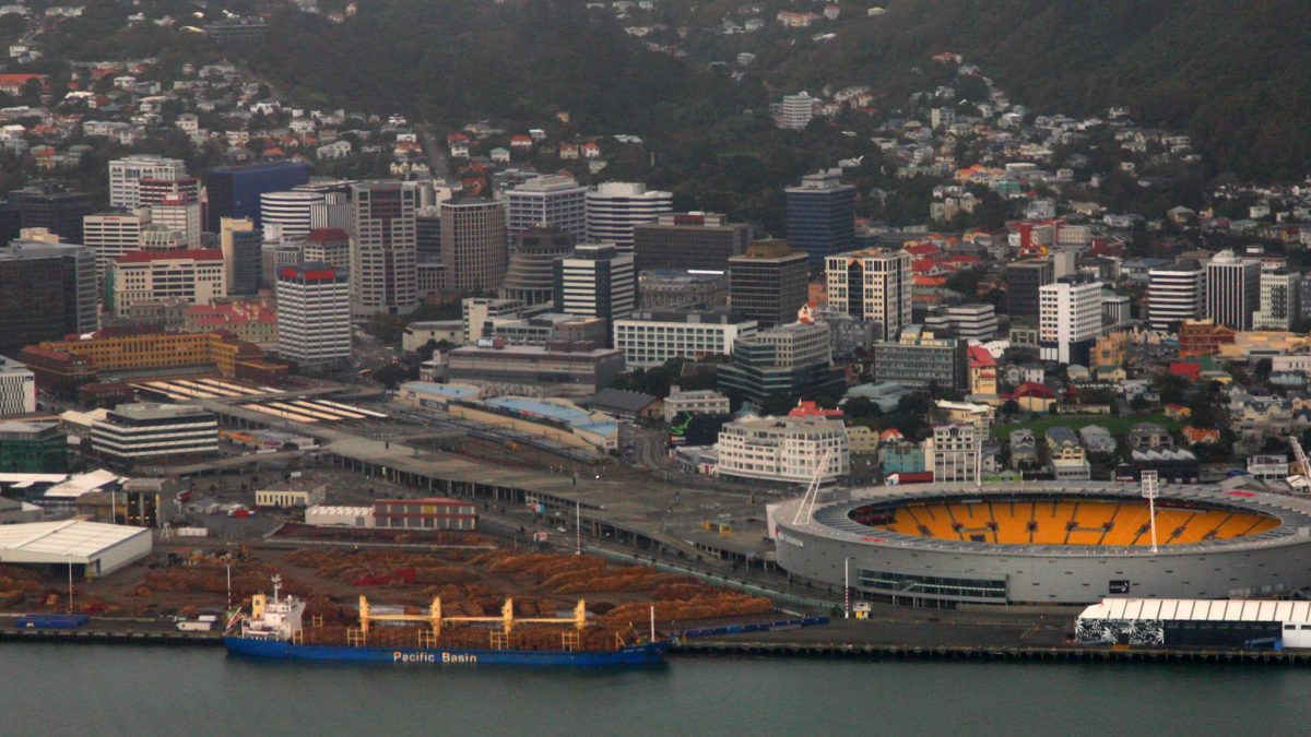 Wellington Regional Stadium, known as Sky Stadium, beside CentrePort in Wellington