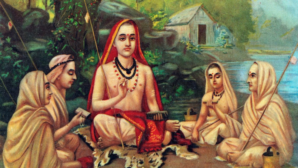 Painting of Adi Shankara seated beneath a tree with four disciples, beside a river