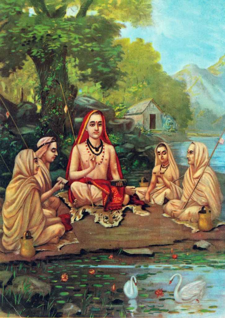 Painting of Adi Shankara seated beneath a tree with four disciples, beside a river