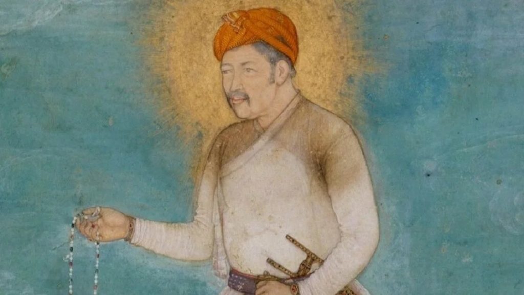 Mughal painting of Emperor Akbar in an orange turban with a golden halo, holding prayer beads