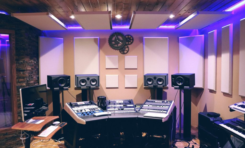 A mixing console in a recording studio