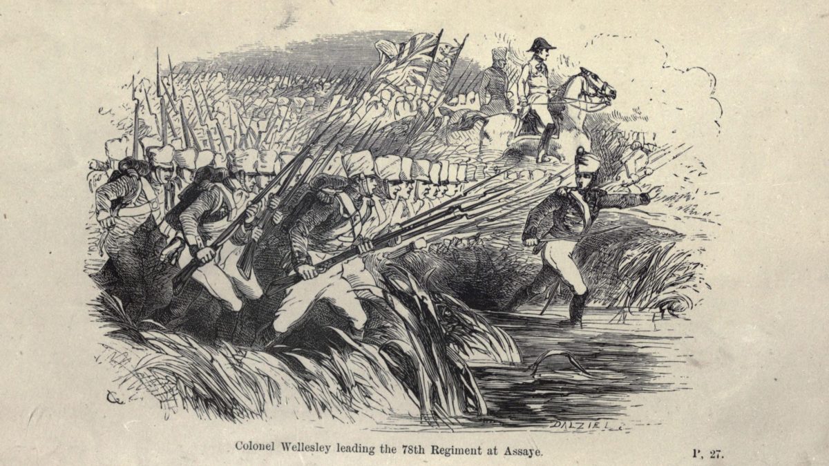 Colonel Arthur Wellesley leading the 78th Regiment at the Battle of Assaye