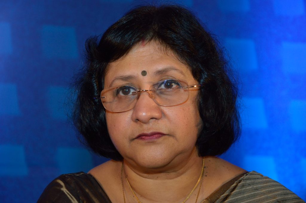 Close-up of Arundhati Bhattacharya in glasses at a State Bank of India event