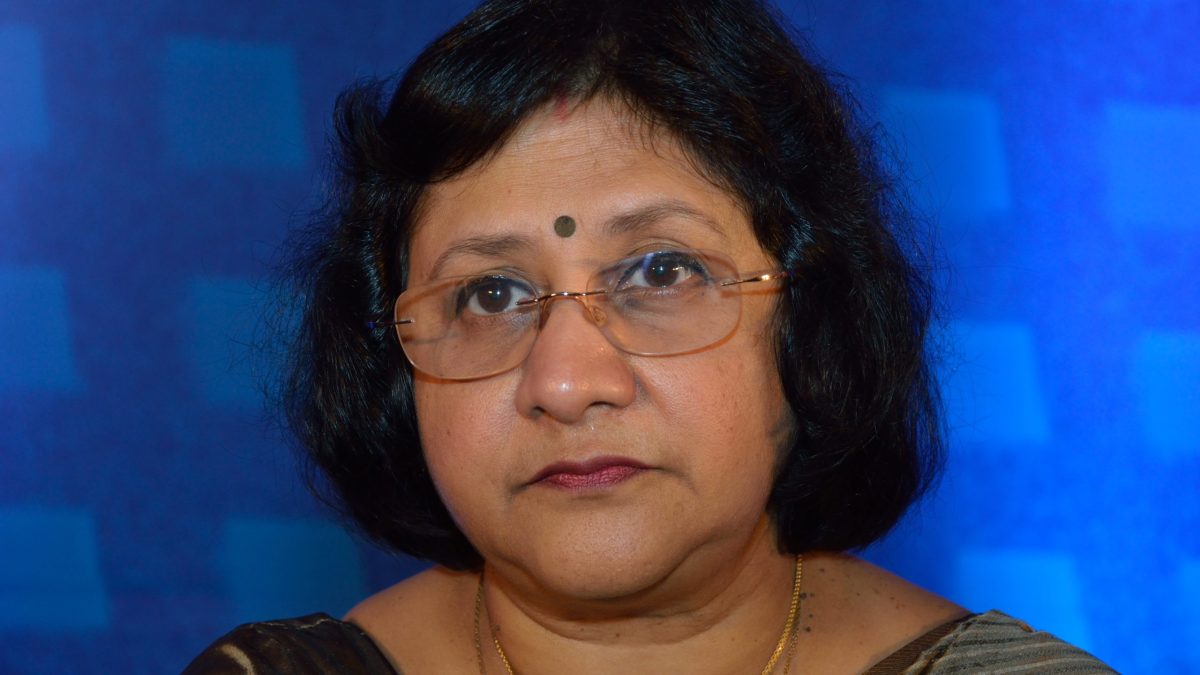 Close-up of Arundhati Bhattacharya in glasses at a State Bank of India event