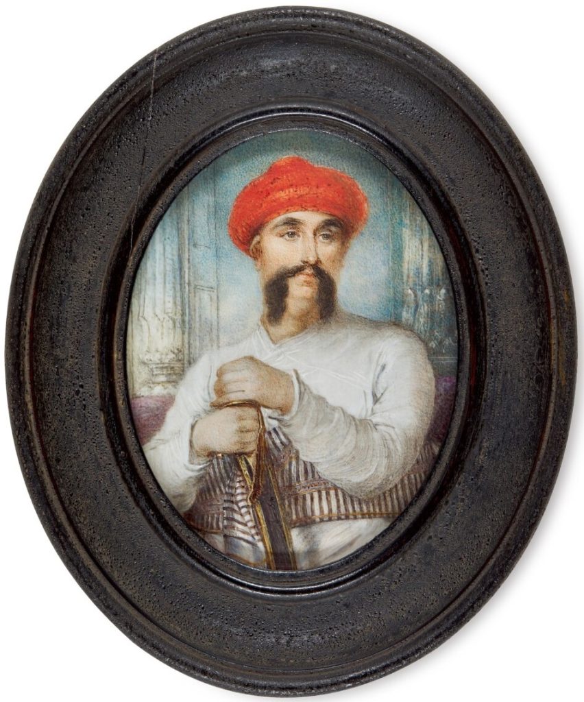 Oval miniature portrait of Asaf-ud-Daula in a red turban with a long moustache