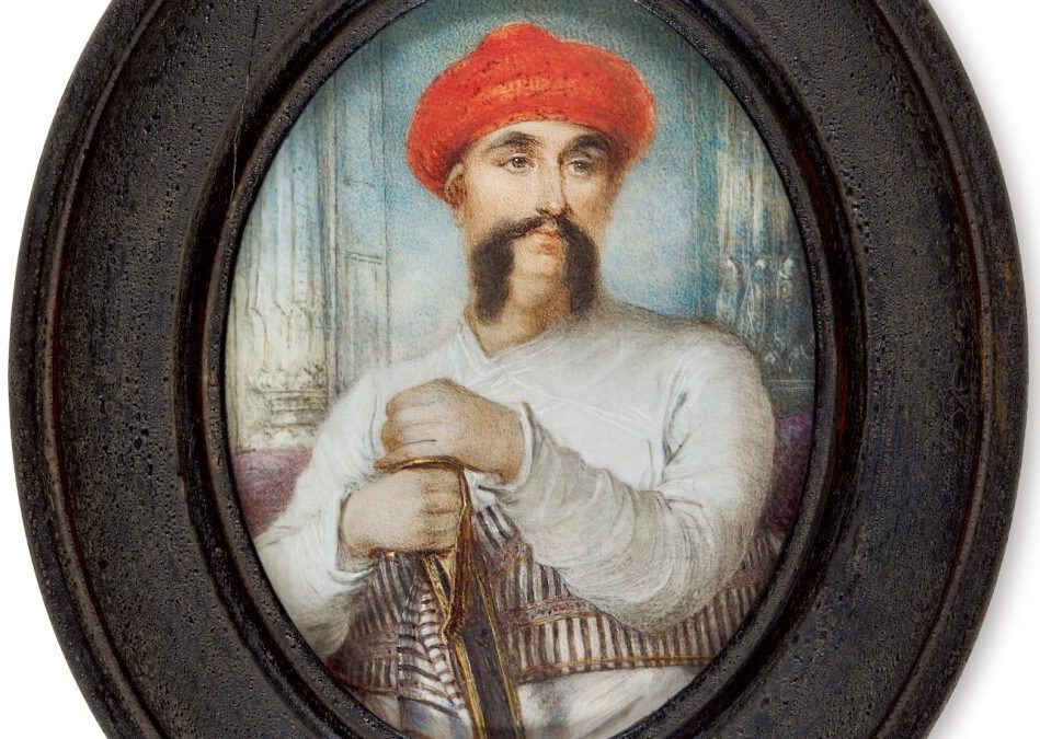 Oval miniature portrait of Asaf-ud-Daula in a red turban with a long moustache