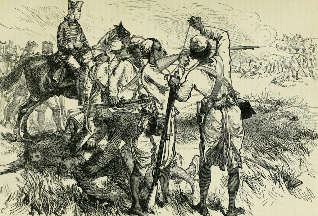 A nineteenth-century engraving of Indian sepoys and British officers of the East India Company in action at Buxar