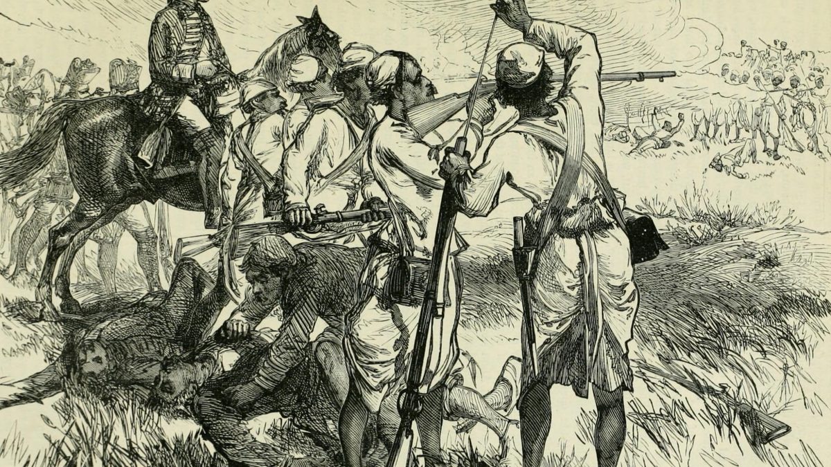 A nineteenth-century engraving of Indian sepoys and British officers of the East India Company in action at Buxar