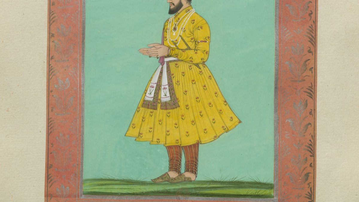 A Mughal miniature portrait of Prince Dara Shikoh standing in profile in court dress
