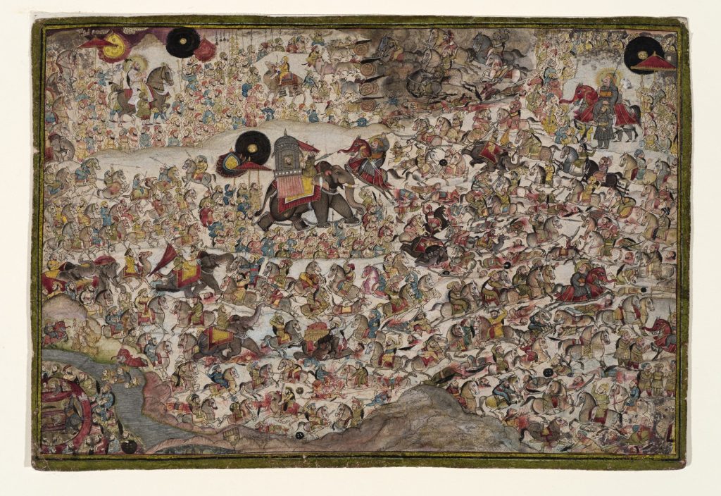 A large Mewar-school painting crowded with cavalry, elephants and foot soldiers fighting at the Battle of Haldighati