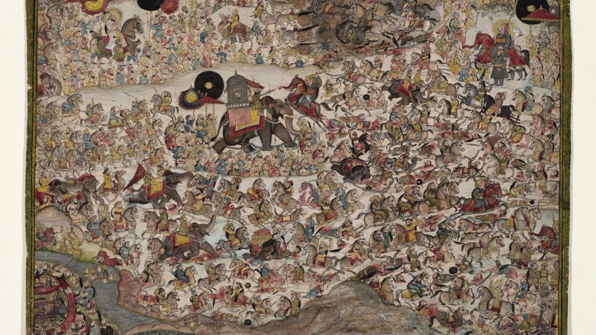 A large Mewar-school painting crowded with cavalry, elephants and foot soldiers fighting at the Battle of Haldighati