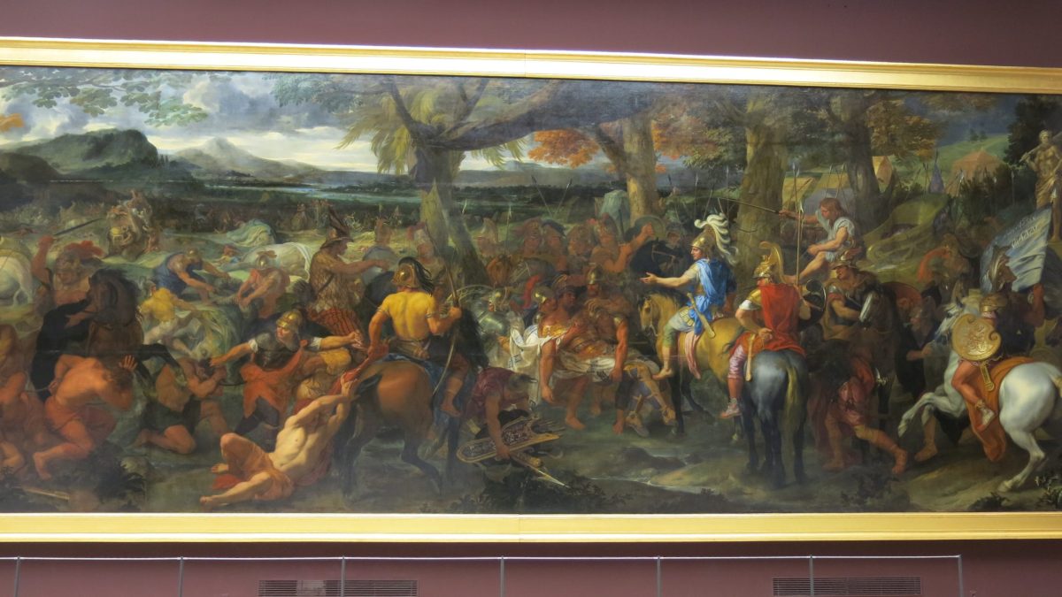 A seventeenth-century painting of the wounded Porus being brought before Alexander after the battle, with soldiers and fallen elephants