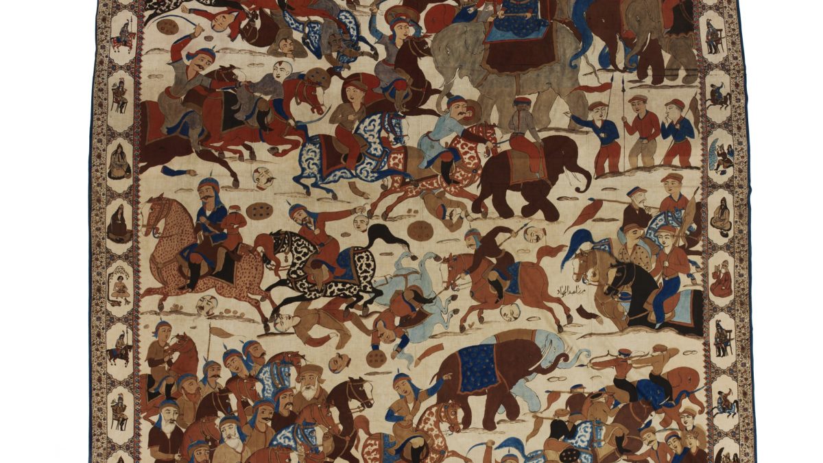 A nineteenth-century depiction, crowded with horsemen, elephants and foot soldiers, of the Battle of Karnal of 1739