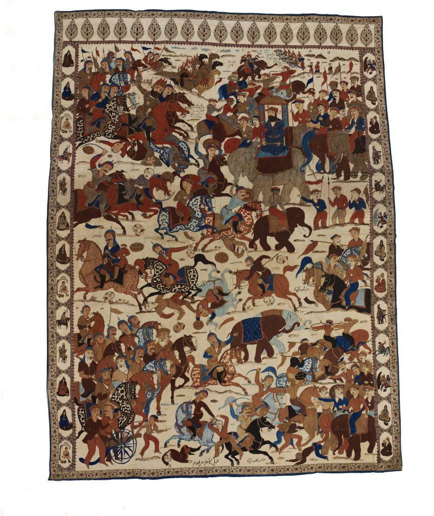 A nineteenth-century depiction, crowded with horsemen, elephants and foot soldiers, of the Battle of Karnal of 1739