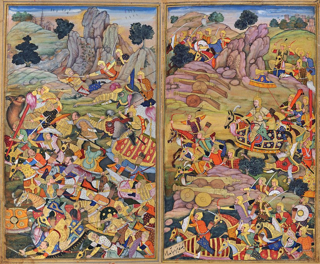 A Mughal miniature across two pages showing cavalry, elephants and cannon at the Battle of Panipat