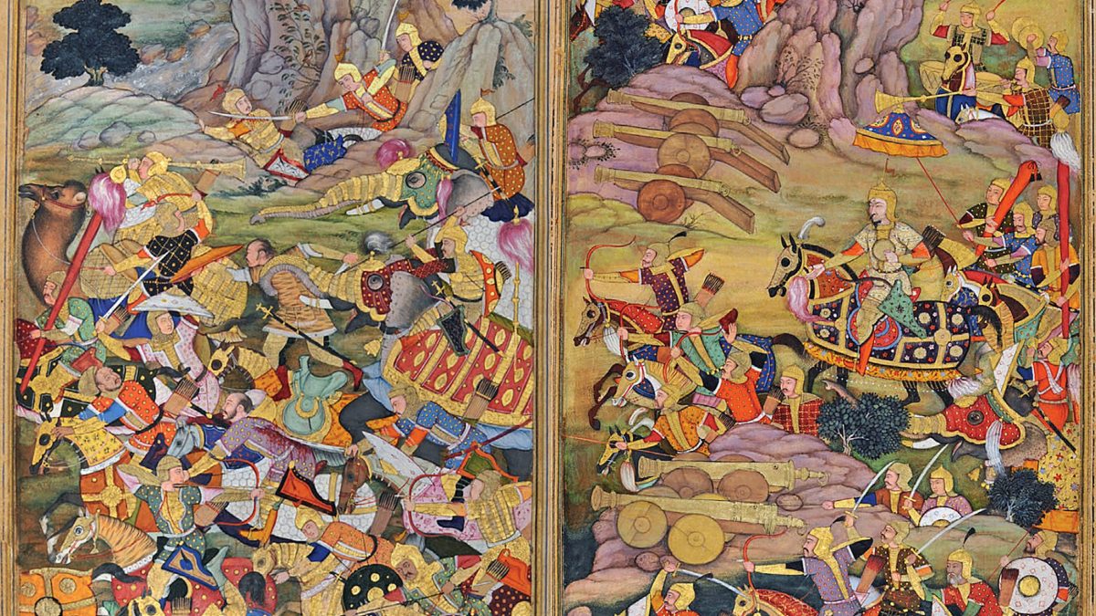 A Mughal miniature across two pages showing cavalry, elephants and cannon at the Battle of Panipat