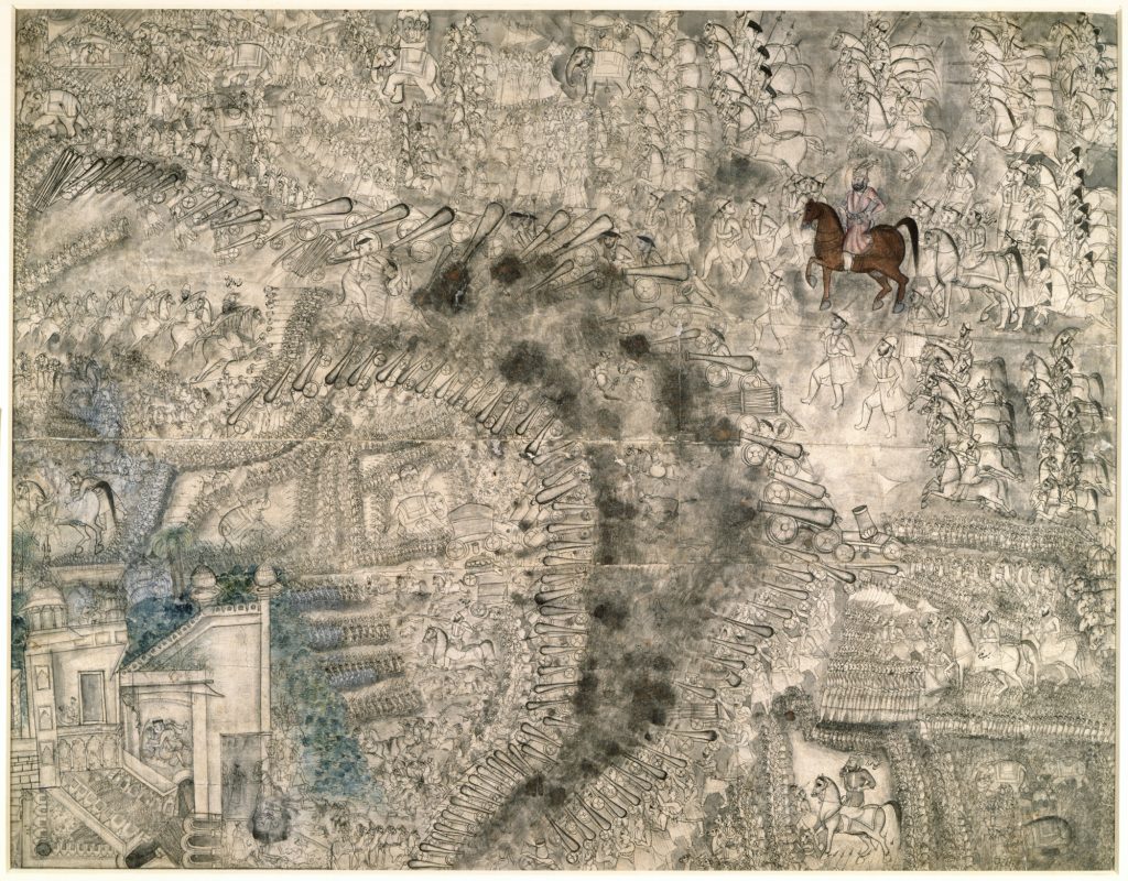 An eighteenth-century painting showing the massed armies of the Marathas and the Afghans drawn up at the Third Battle of Panipat