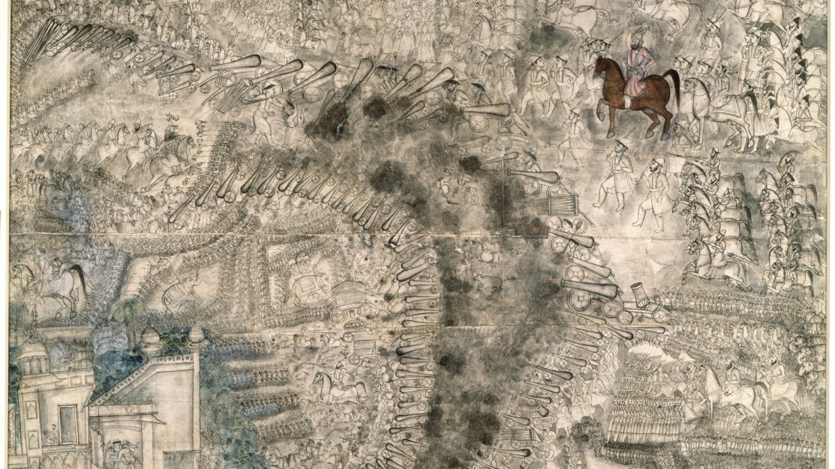 An eighteenth-century painting showing the massed armies of the Marathas and the Afghans drawn up at the Third Battle of Panipat