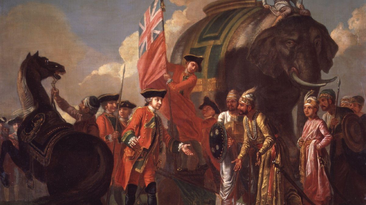 An oil painting of Robert Clive in a red coat greeting Mir Jafar and his attendants beside an elephant after the Battle of Plassey