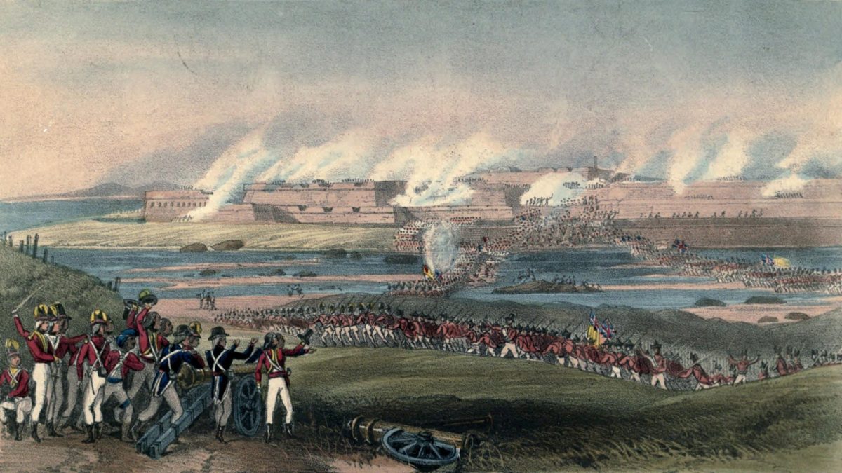 A print of British and Indian troops crossing the river and climbing the breach in the walls of Seringapatam under fire