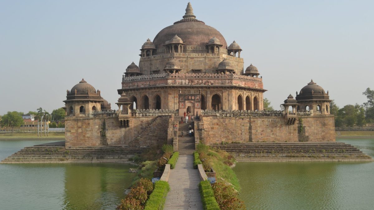 The domed stone tomb of Sher Shah Suri standing in the middle of a lake at Sasaram in Bihar