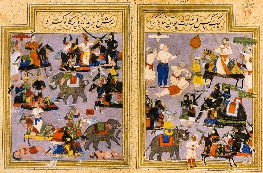 A Deccani miniature across two pages showing mounted warriors, elephants and the beheading of Rama Raya at the Battle of Talikota