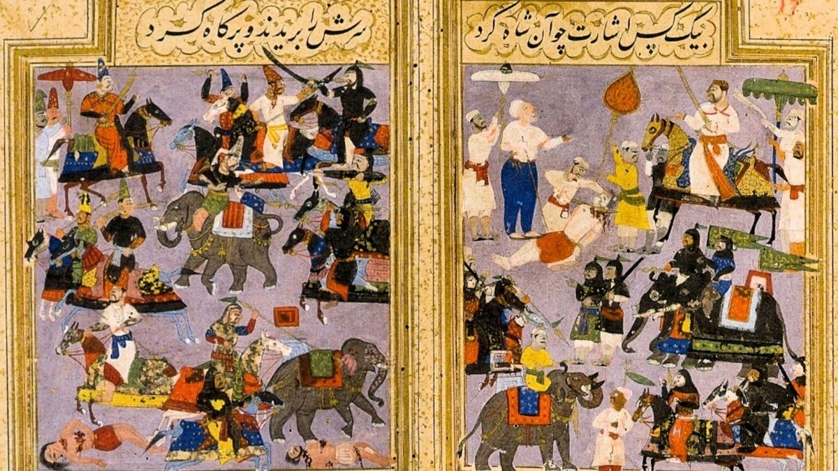 A Deccani miniature across two pages showing mounted warriors, elephants and the beheading of Rama Raya at the Battle of Talikota