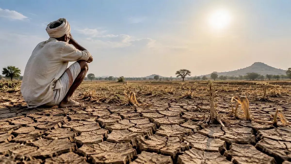 A farmer sitting with his head in his hands on cracked, dry farmland under a hazy sun