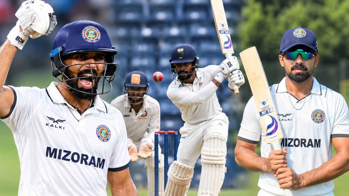 Mizoram cricketers in a collage: a batter celebrating, a batter playing a shot and another holding his bat