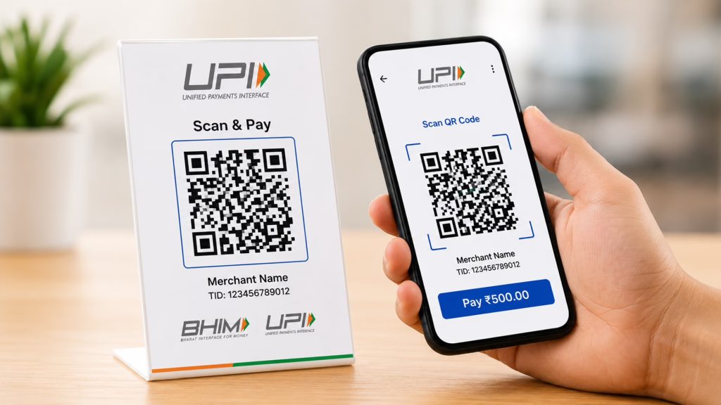 A UPI Scan and Pay QR code stand beside a hand holding a phone showing a UPI payment screen