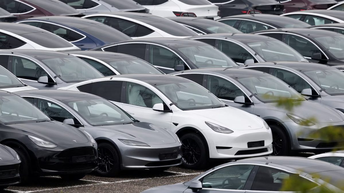 Rows of electric cars parked closely together in a lot