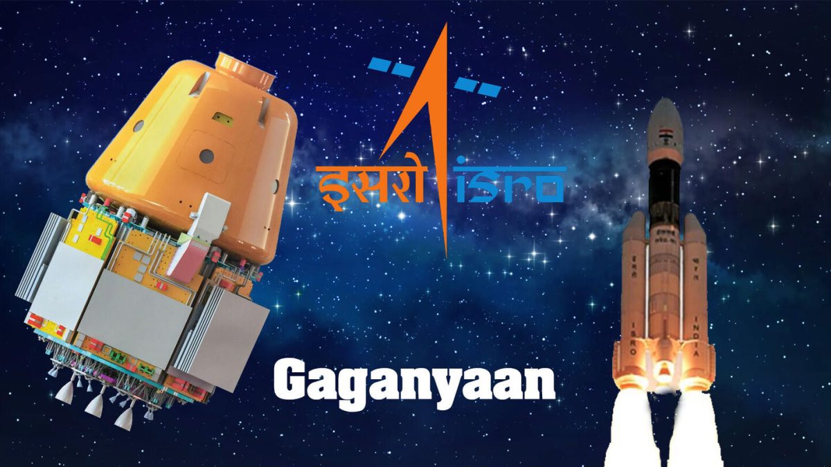 Illustration of the Gaganyaan crew module and a launch vehicle with the ISRO logo on a starry background