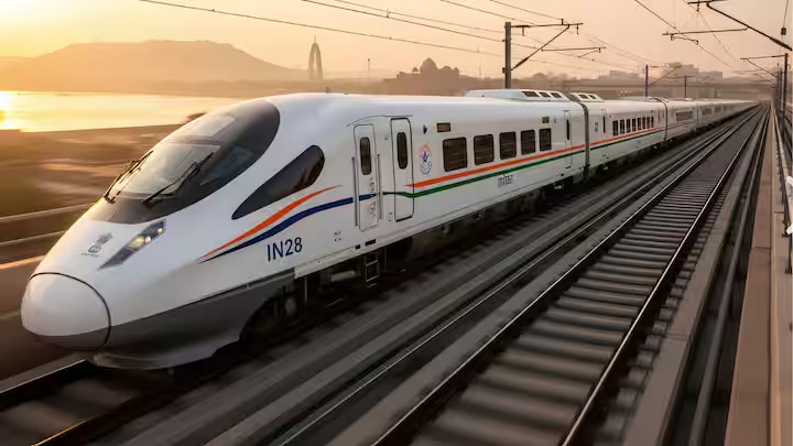 A white high-speed train with a tricolour stripe running along a track at sunset