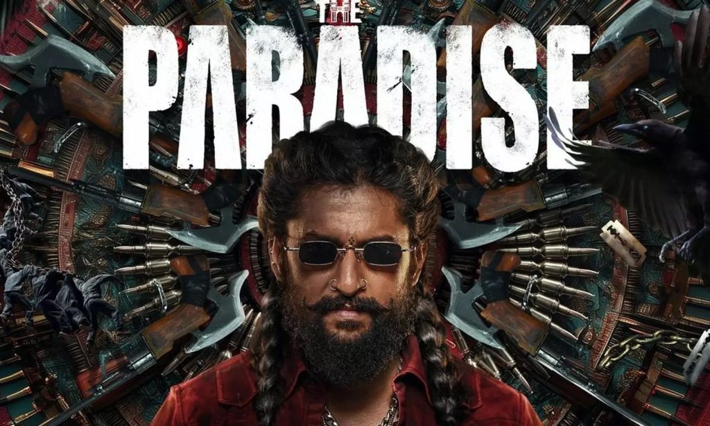 The Paradise film poster with the lead character in sunglasses and braids against a backdrop of weapons
